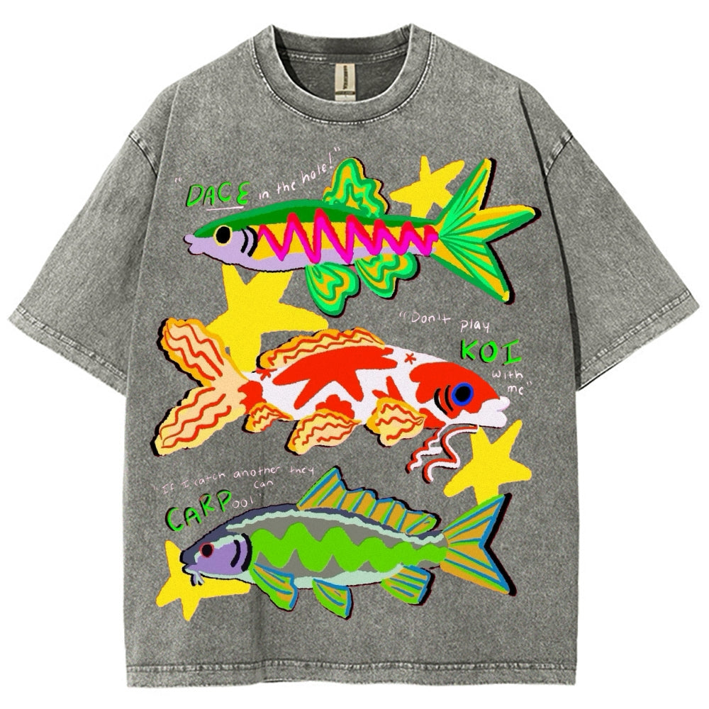 Unisex Colorful Cartoon Fish Washed Tee