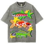 Unisex Colorful Cartoon Fish Washed Tee