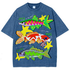 Unisex Colorful Cartoon Fish Washed Tee