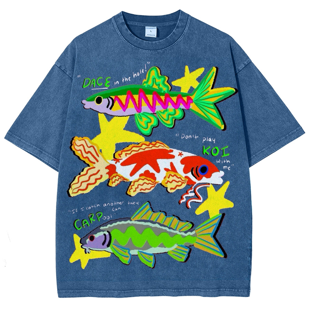 Unisex Colorful Cartoon Fish Washed Tee