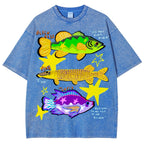 Unisex Colorful Cartoon Fish Washed Tee