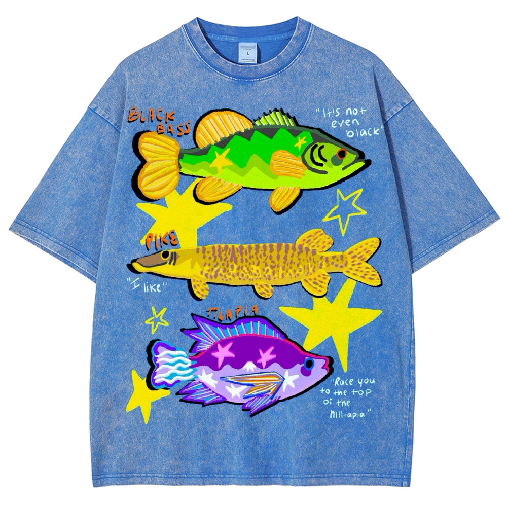 Unisex Colorful Cartoon Fish Washed Tee