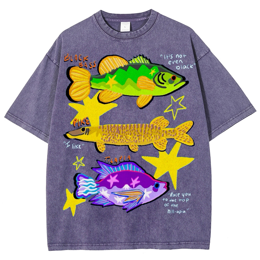 Unisex Colorful Cartoon Fish Washed Tee