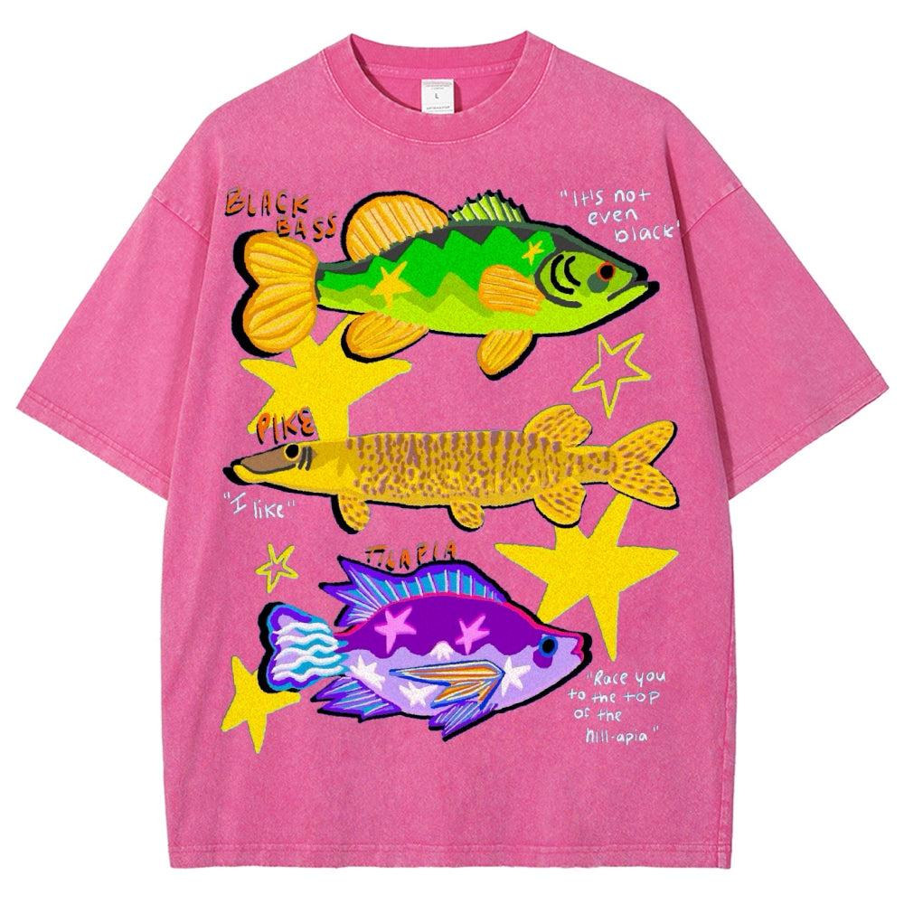 Unisex Colorful Cartoon Fish Washed Tee