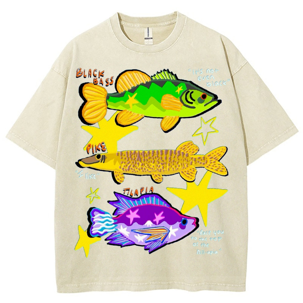 Unisex Colorful Cartoon Fish Washed Tee