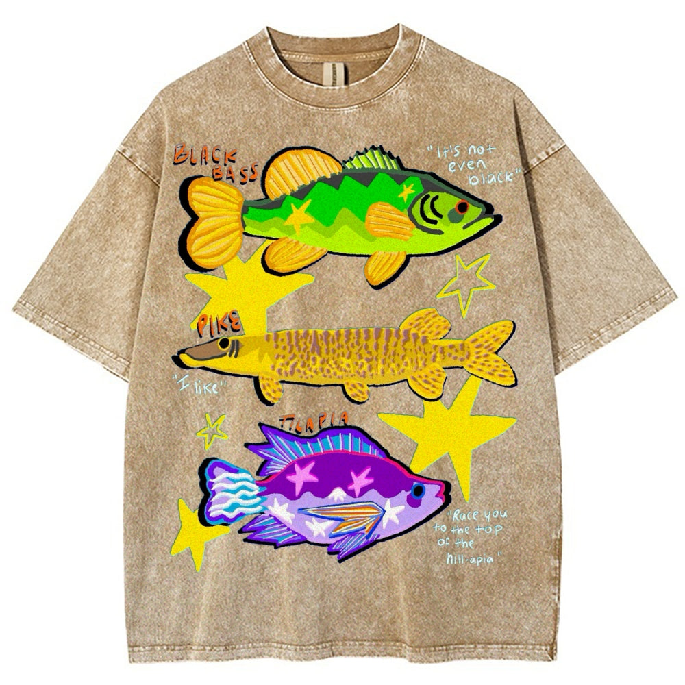 Unisex Colorful Cartoon Fish Washed Tee