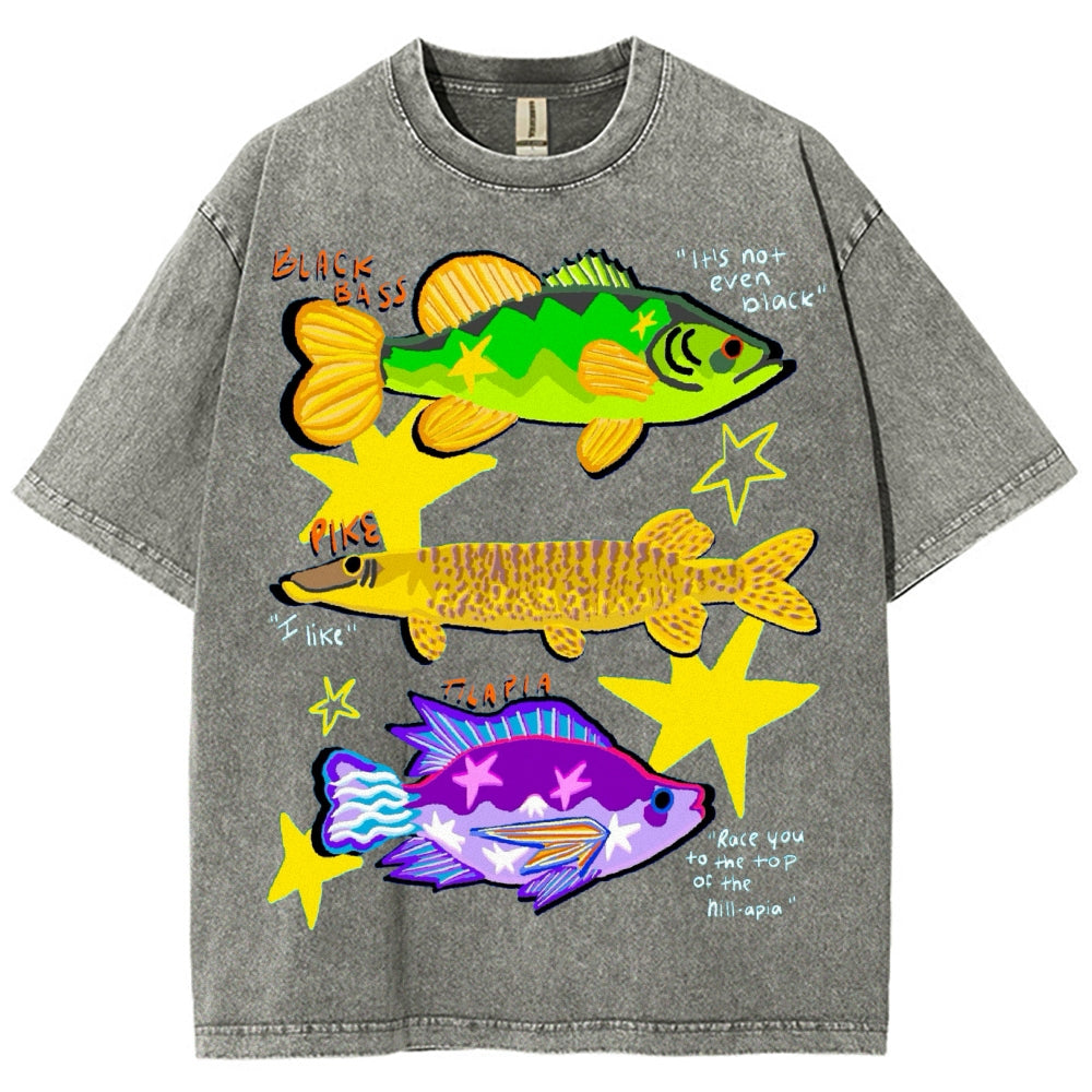 Unisex Colorful Cartoon Fish Washed Tee