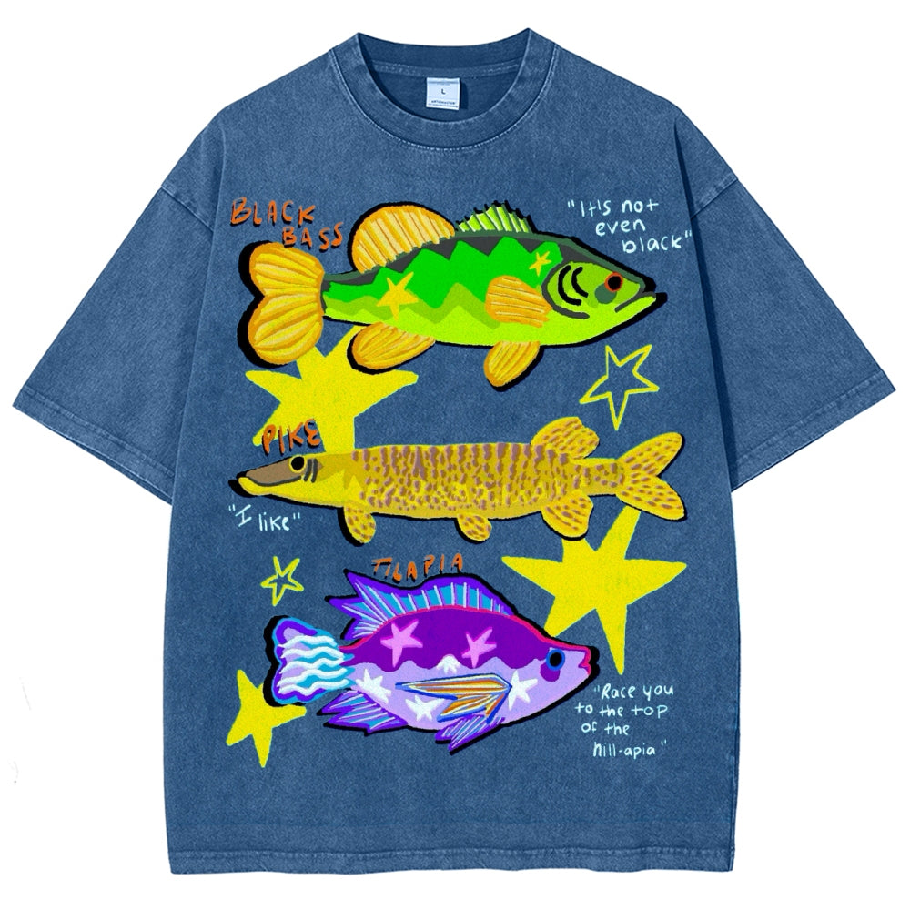 Unisex Colorful Cartoon Fish Washed Tee