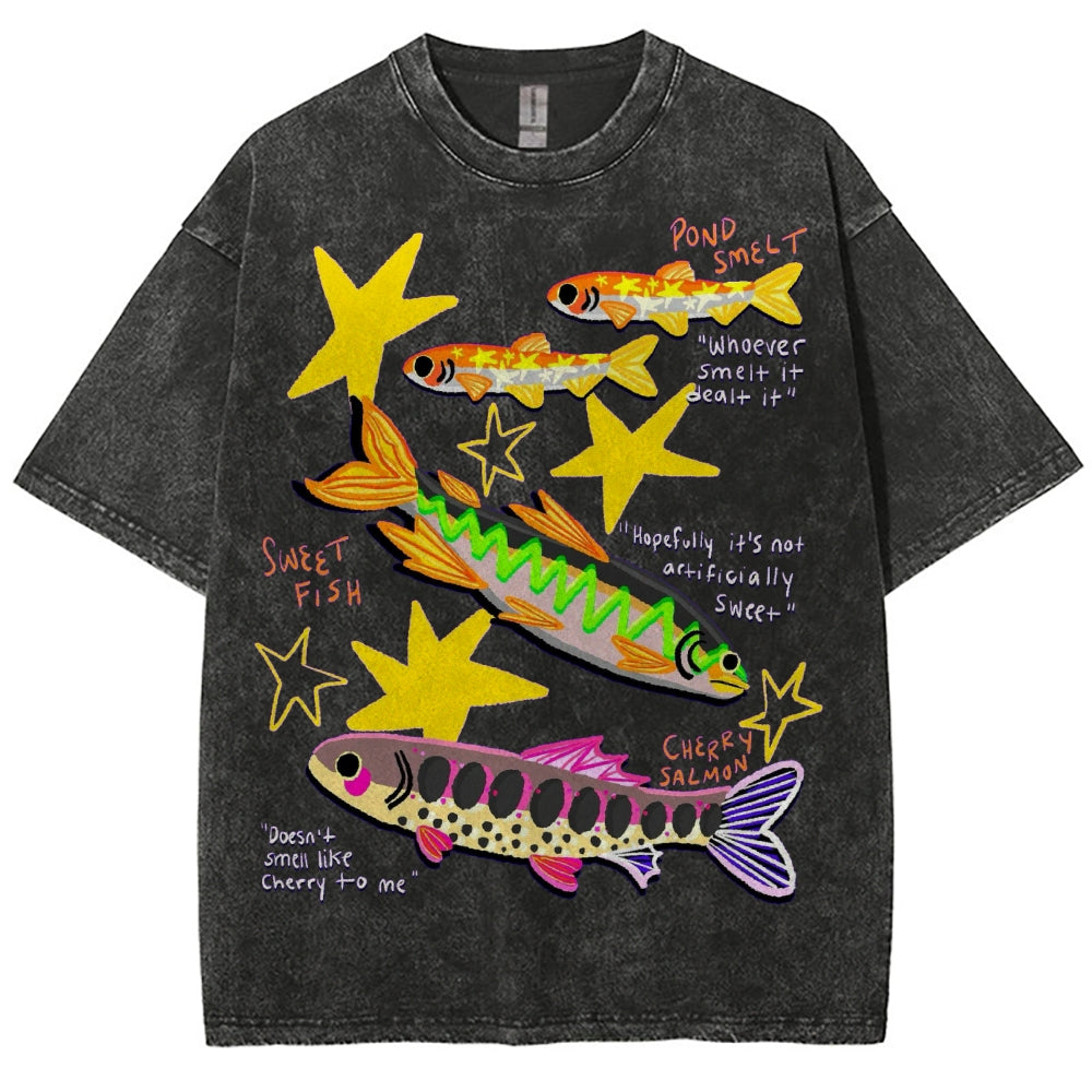 Unisex Colorful Cartoon Fish Washed Tee