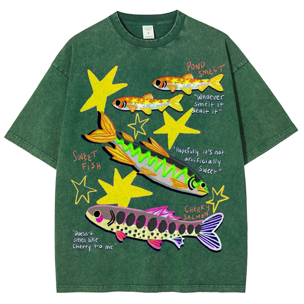 Unisex Colorful Cartoon Fish Washed Tee