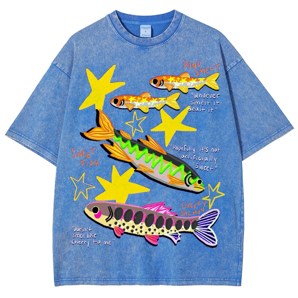 Unisex Colorful Cartoon Fish Washed Tee