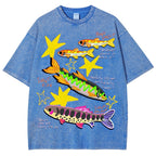 Unisex Colorful Cartoon Fish Washed Tee
