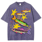 Unisex Colorful Cartoon Fish Washed Tee