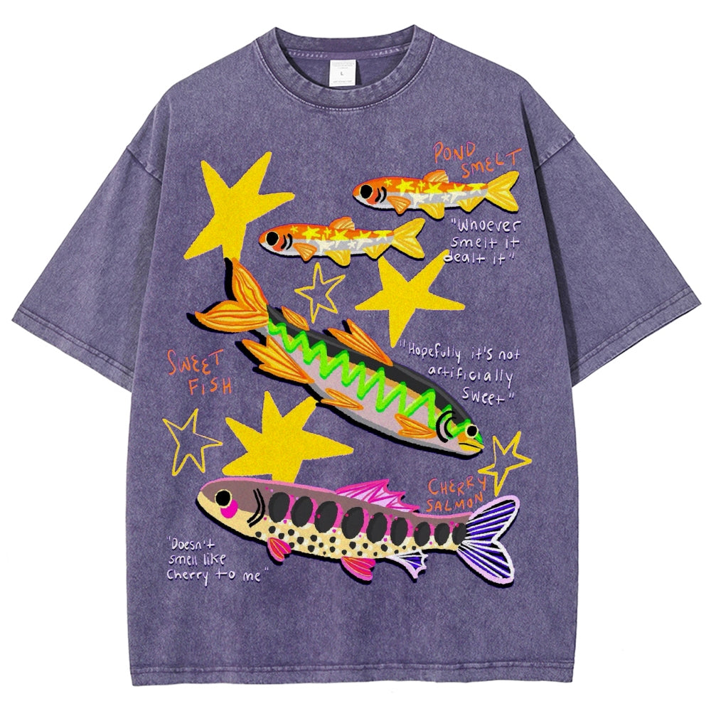 Unisex Colorful Cartoon Fish Washed Tee