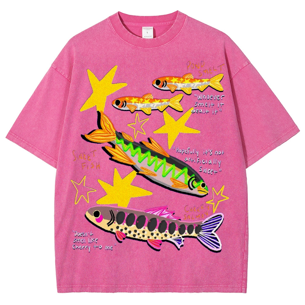 Unisex Colorful Cartoon Fish Washed Tee