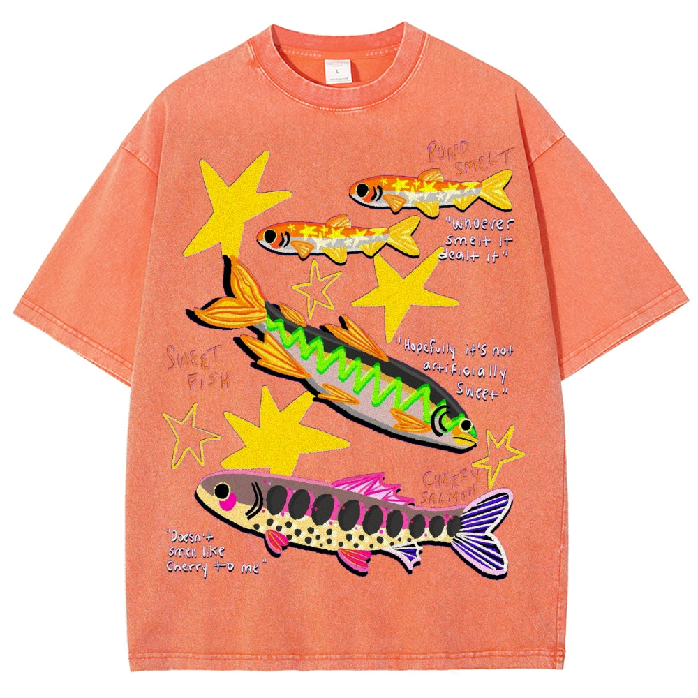 Unisex Colorful Cartoon Fish Washed Tee