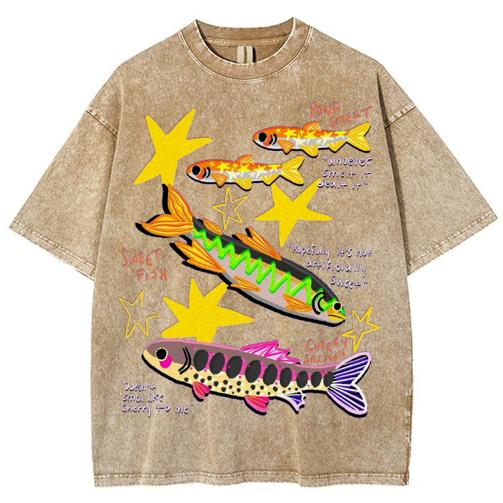 Unisex Colorful Cartoon Fish Washed Tee