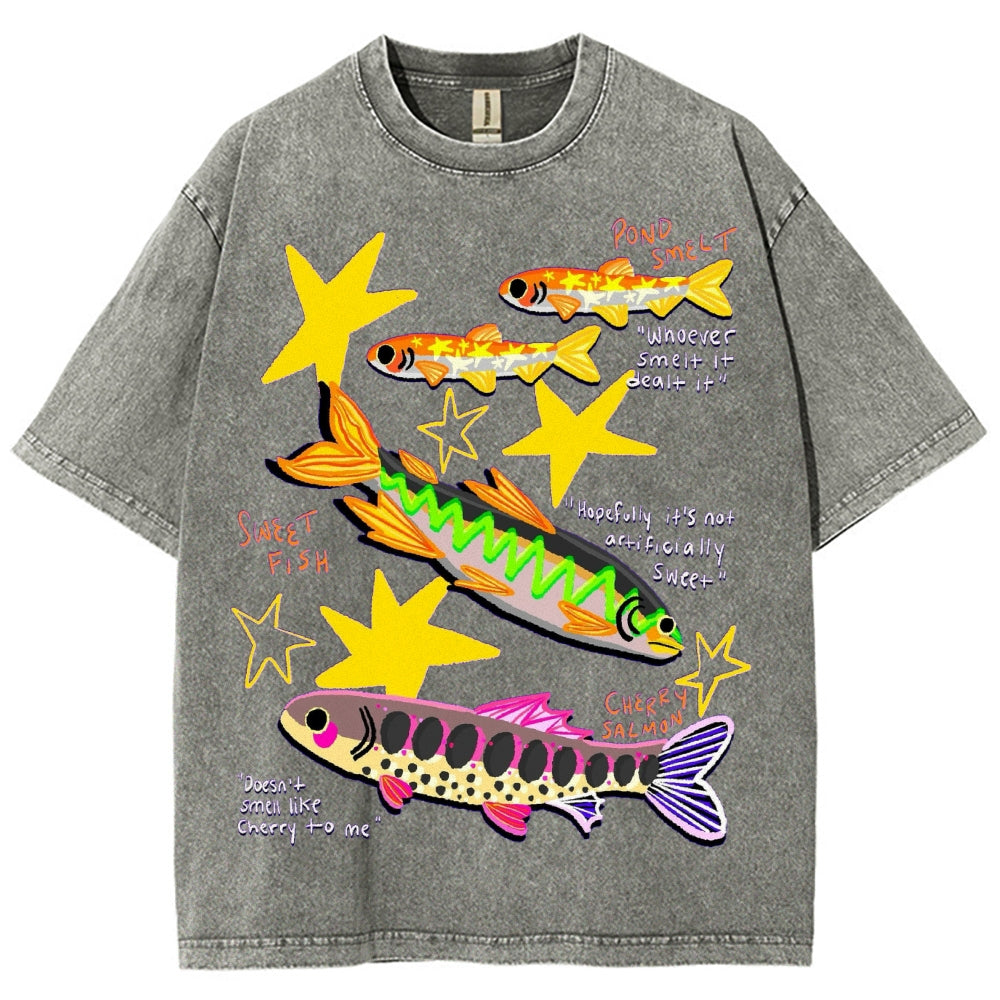 Unisex Colorful Cartoon Fish Washed Tee