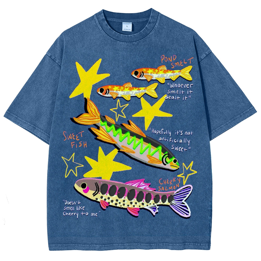 Unisex Colorful Cartoon Fish Washed Tee