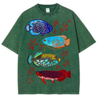 Unisex Colorful Cartoon Fish Washed Tee