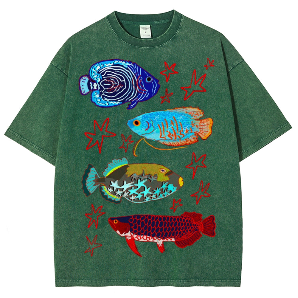 Unisex Colorful Cartoon Fish Washed Tee