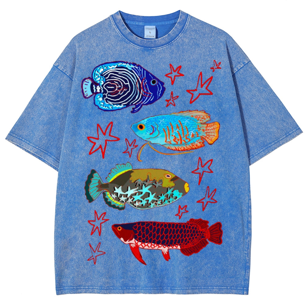 Unisex Colorful Cartoon Fish Washed Tee