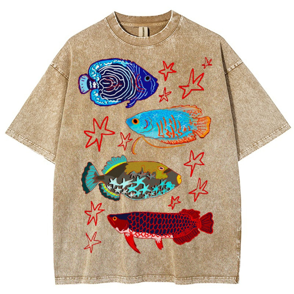 Unisex Colorful Cartoon Fish Washed Tee