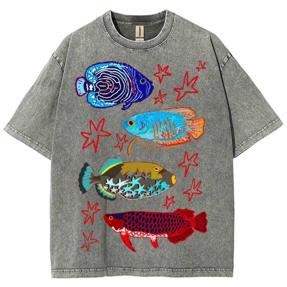Unisex Colorful Cartoon Fish Washed Tee