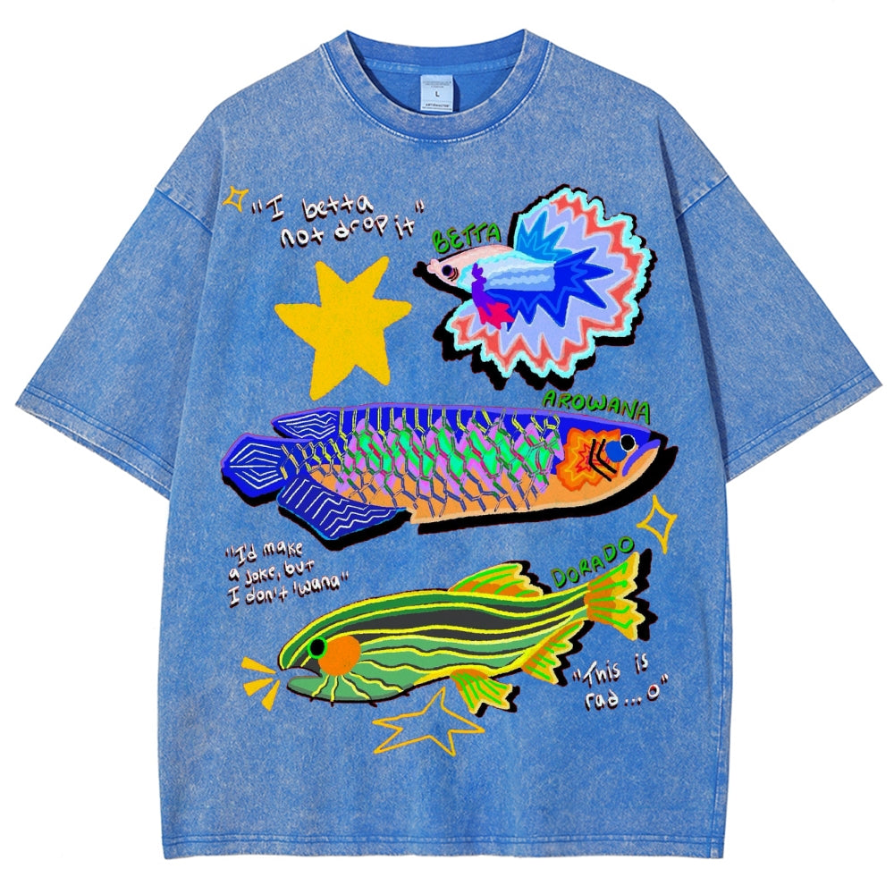 Unisex Colorful Cartoon Fish Washed Tee