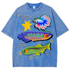Unisex Colorful Cartoon Fish Washed Tee
