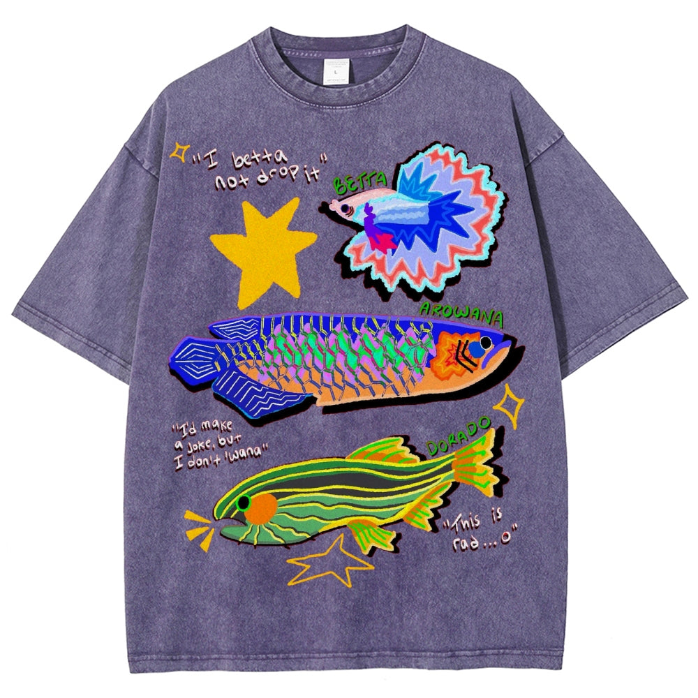 Unisex Colorful Cartoon Fish Washed Tee