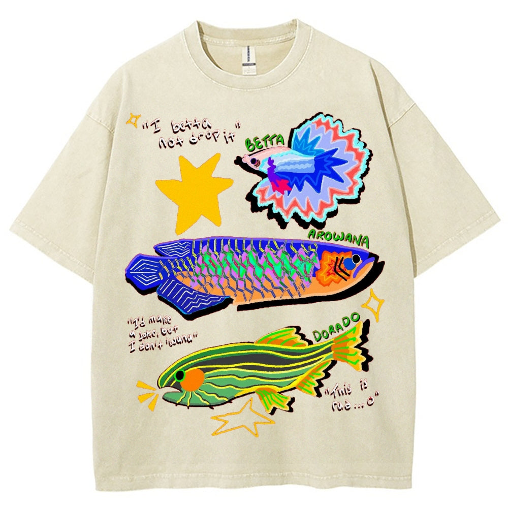 Unisex Colorful Cartoon Fish Washed Tee