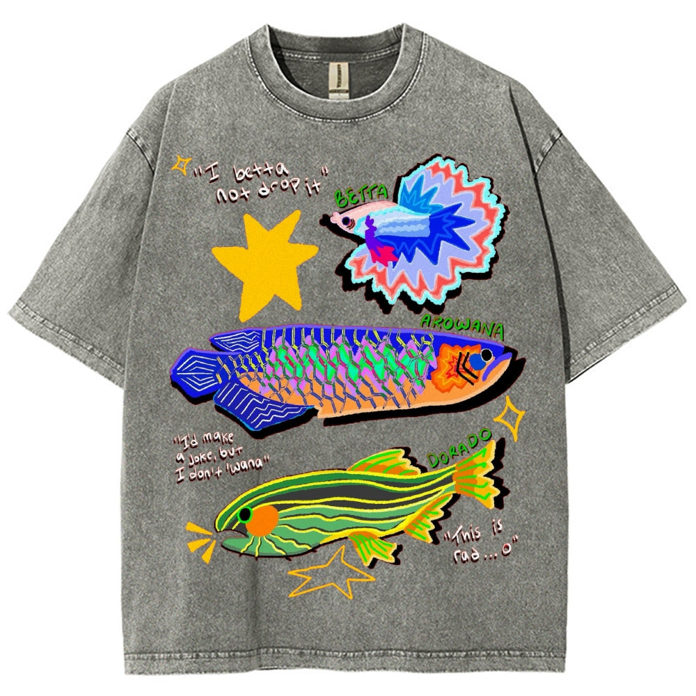 Unisex Colorful Cartoon Fish Washed Tee