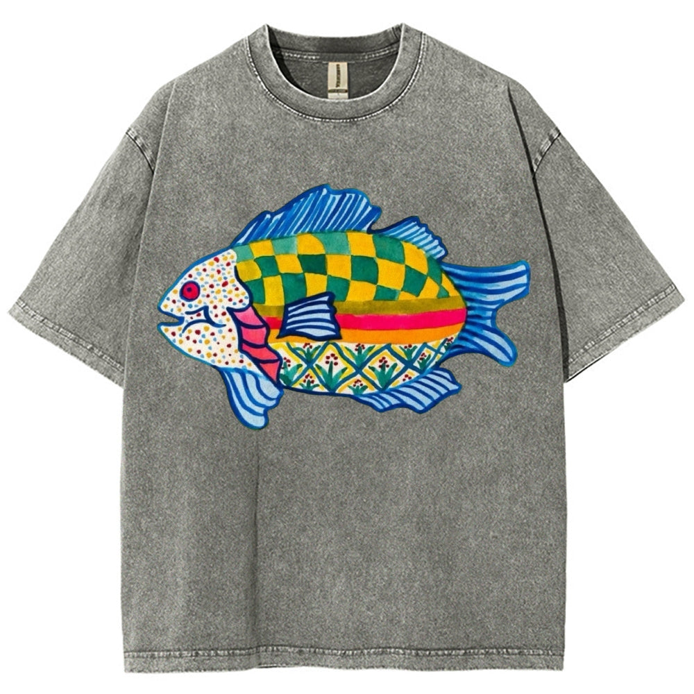 Unisex Geometric Fish Washed Tee