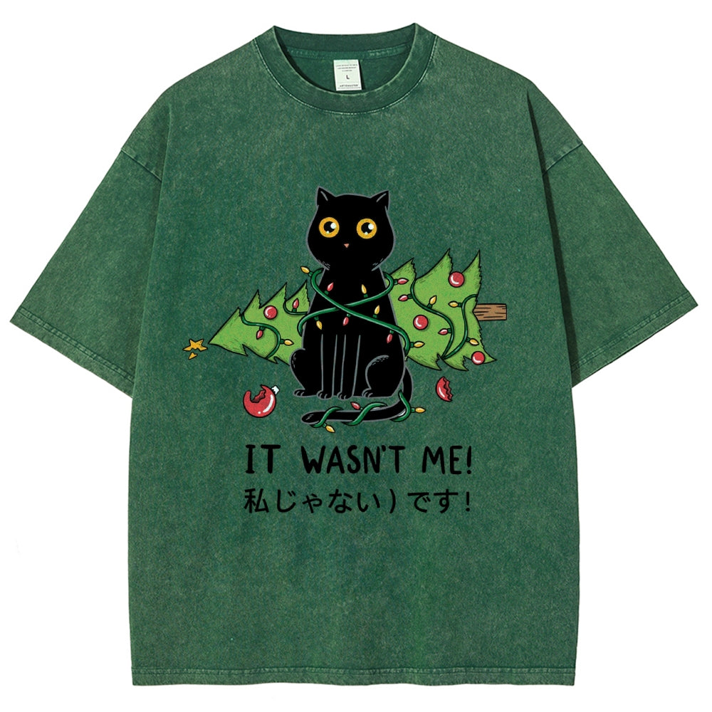 Unisex Christmas Cat Printed Washed Tee