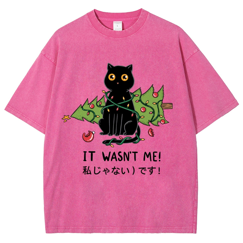 Unisex Christmas Cat Printed Washed Tee