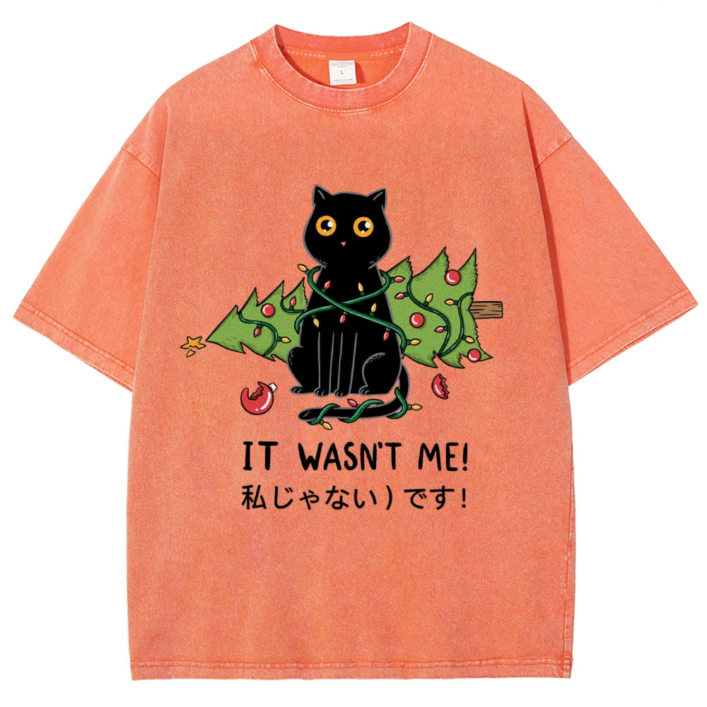 Unisex Christmas Cat Printed Washed Tee