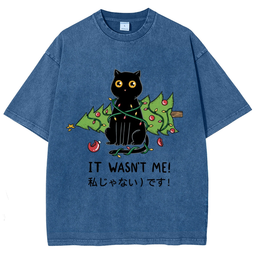 Unisex Christmas Cat Printed Washed Tee