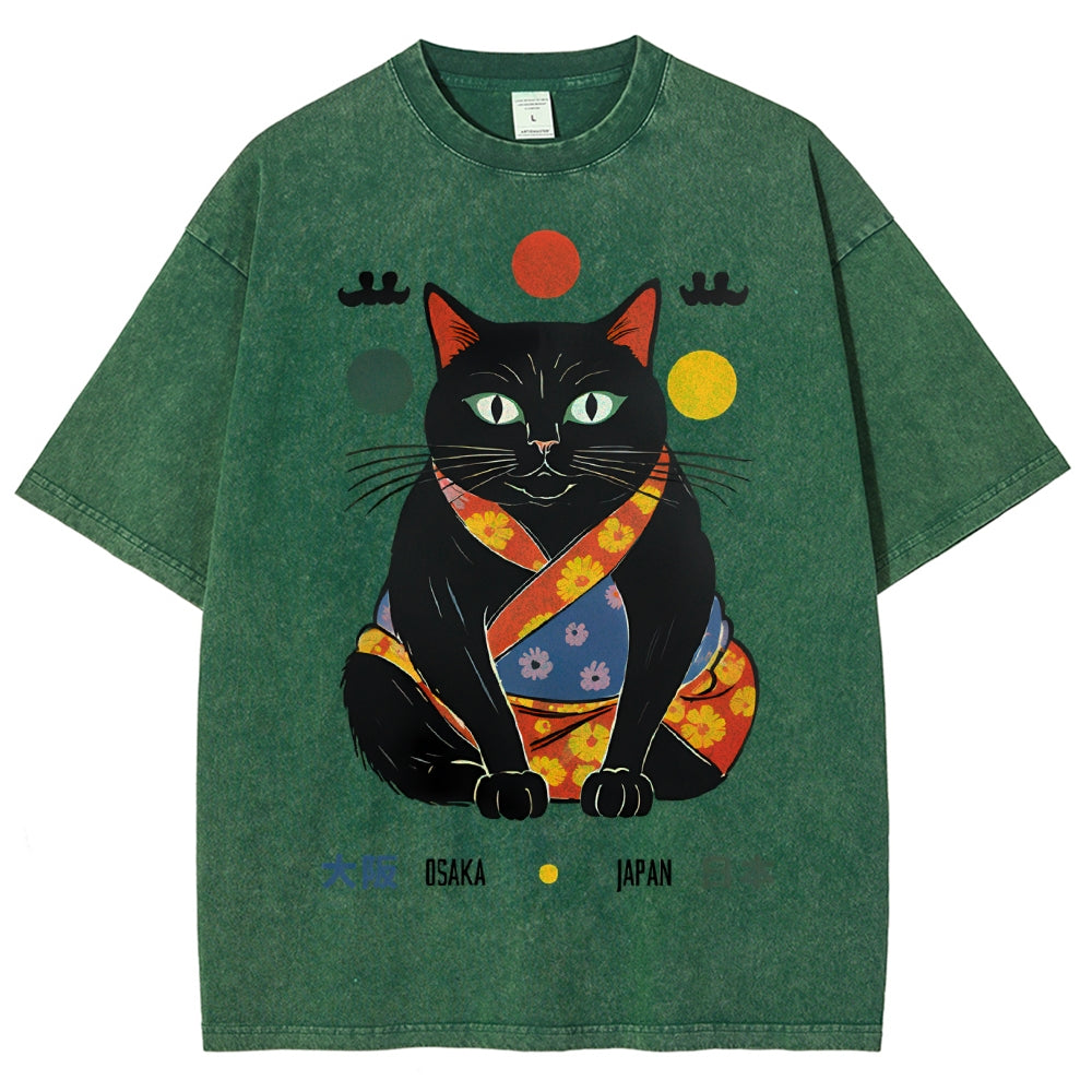 Unisex Japan Cat Printed Washed Tee