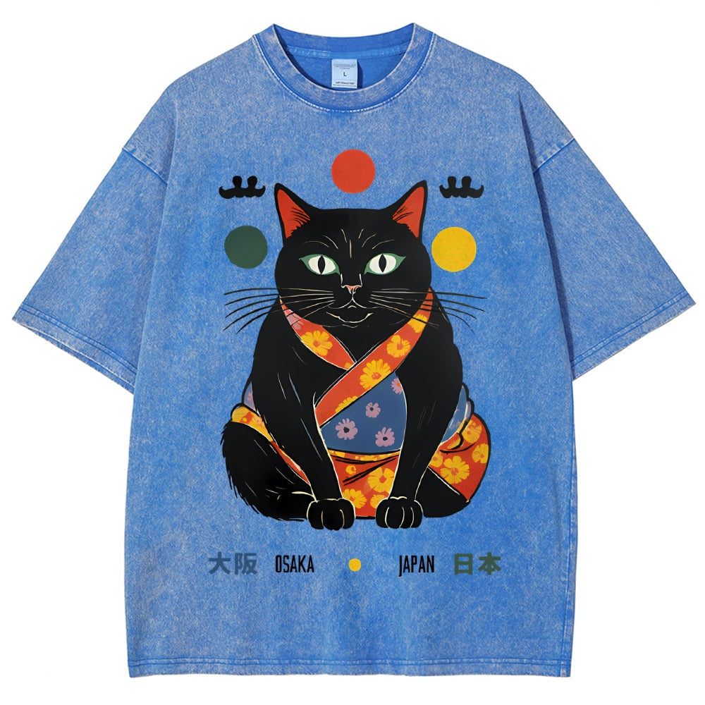 Unisex Japan Cat Printed Washed Tee