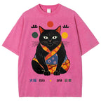 Unisex Japan Cat Printed Washed Tee
