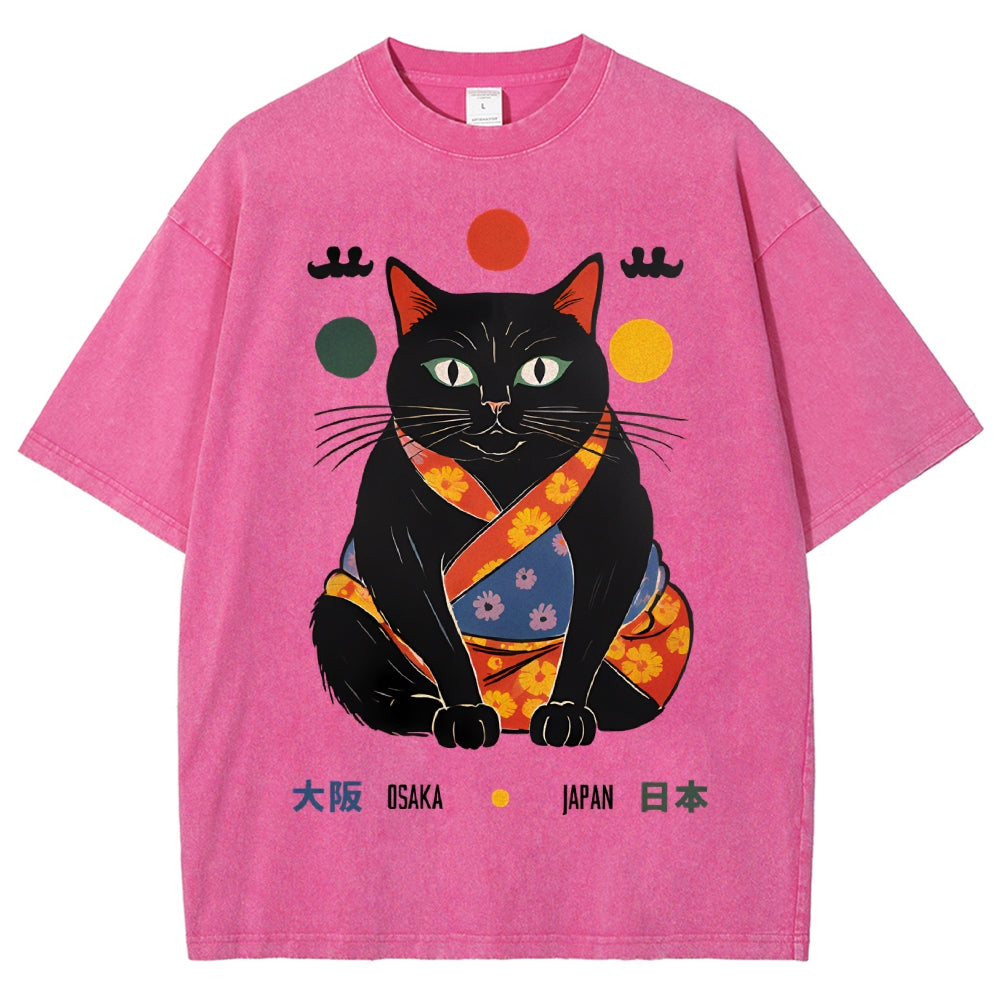 Unisex Japan Cat Printed Washed Tee