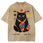 Unisex Japan Cat Printed Washed Tee