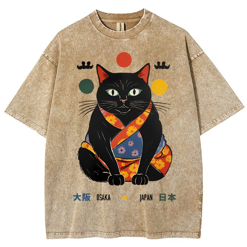 Unisex Japan Cat Printed Washed Tee