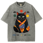 Unisex Japan Cat Printed Washed Tee