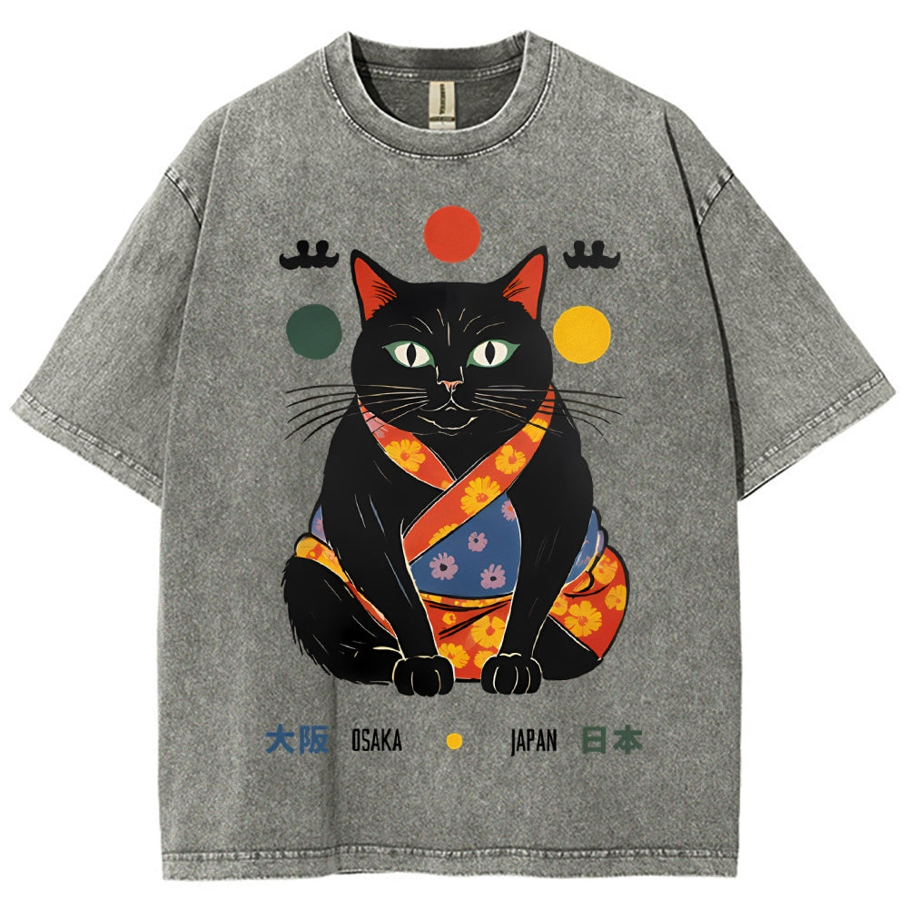 Unisex Japan Cat Printed Washed Tee