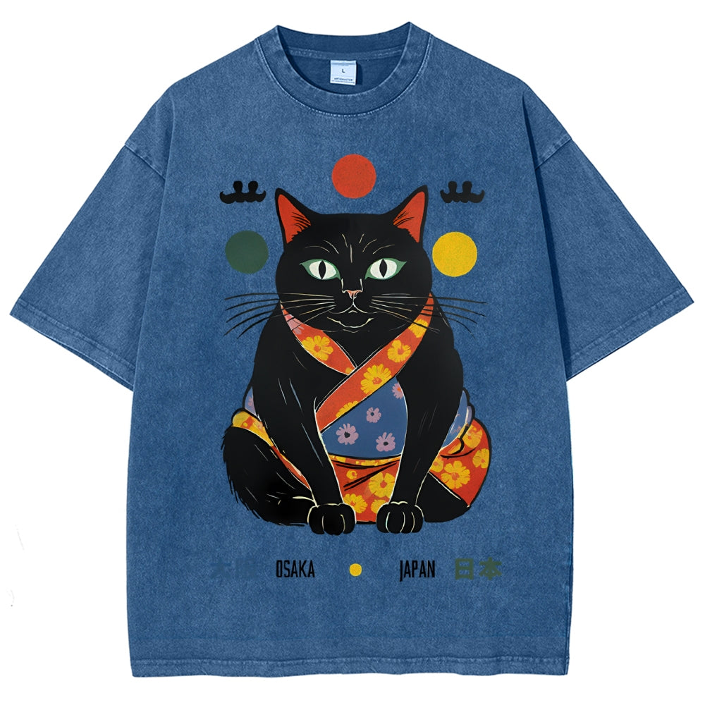 Unisex Japan Cat Printed Washed Tee