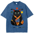 Unisex Japan Cat Printed Washed Tee