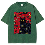 Unisex Abstract Eyes Cat Printed Washed Tee