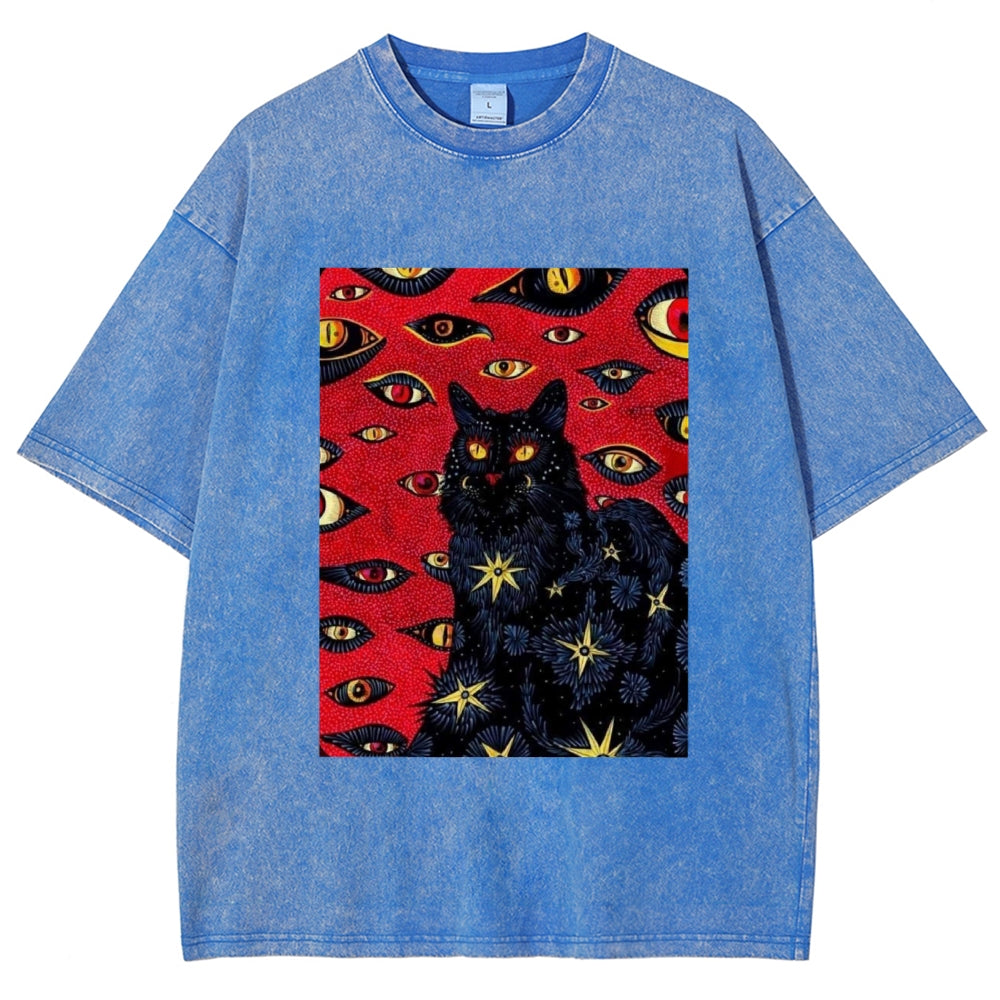 Unisex Abstract Eyes Cat Printed Washed Tee